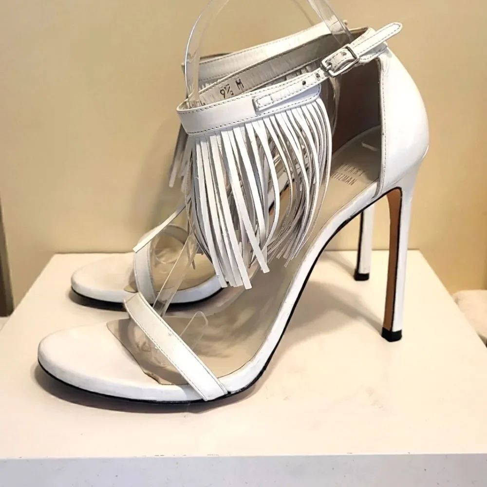 Stuart Weitzman "The Naked" White Leather Fringe Stiletto Sandals Sz.9.5 $475